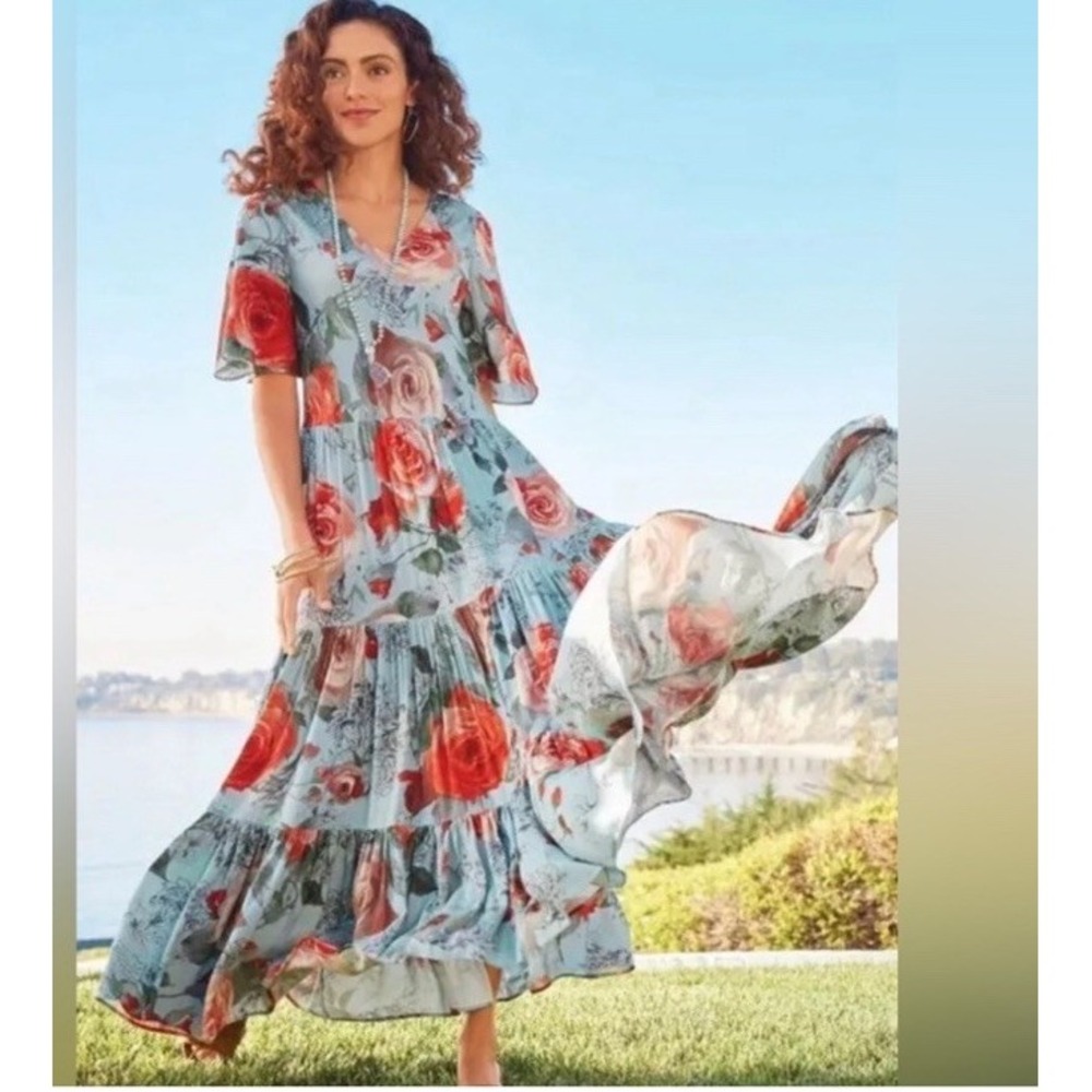 Soft Surroundings Floral Maxi Dress in Sky Blue and Red Rose